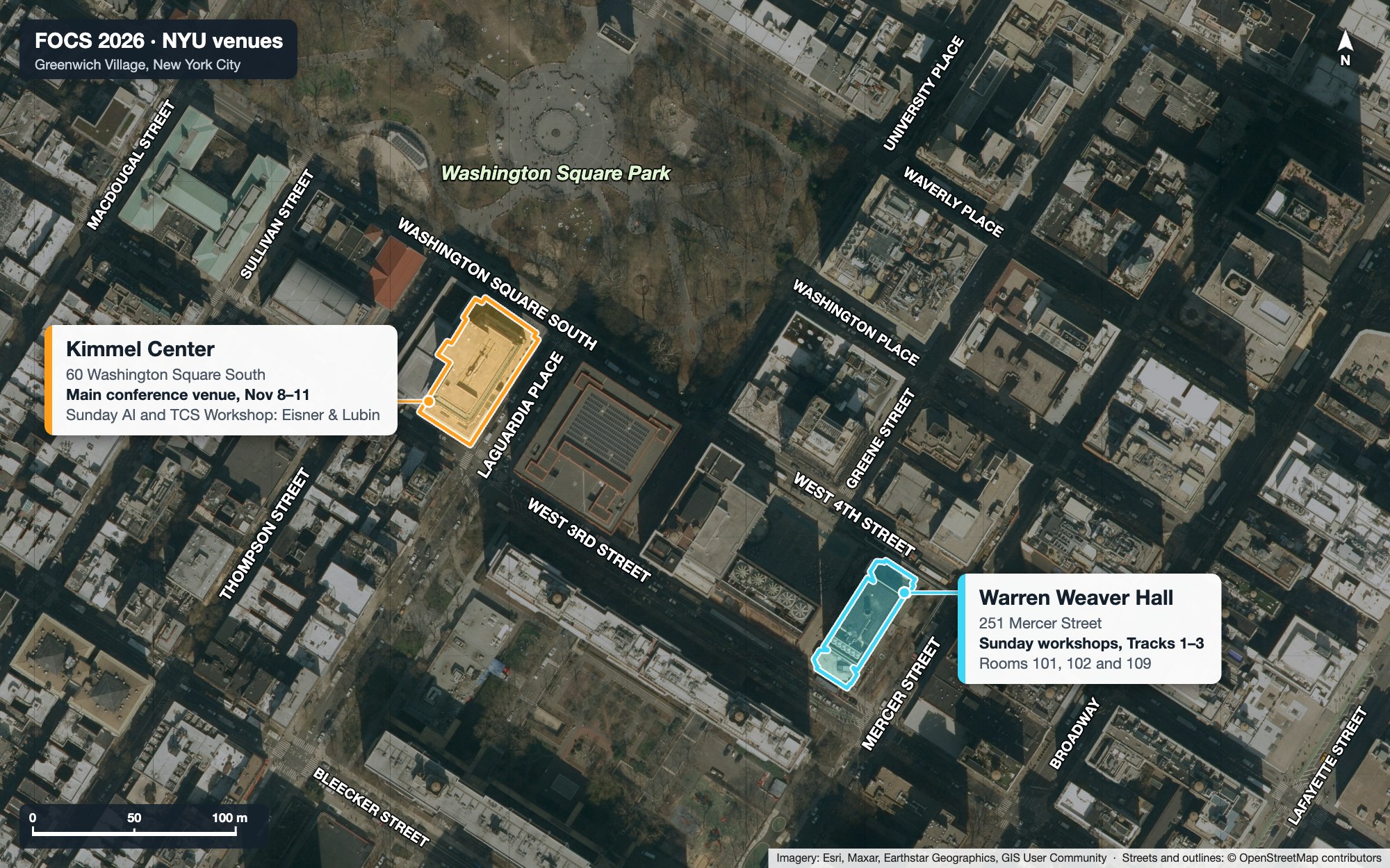 Satellite map of NYU's campus around Washington Square Park. Kimmel Center (60 Washington Square South, between Thompson Street and LaGuardia Place) is outlined in orange. Warren Weaver Hall (251 Mercer Street, at West 4th Street) is outlined in blue.